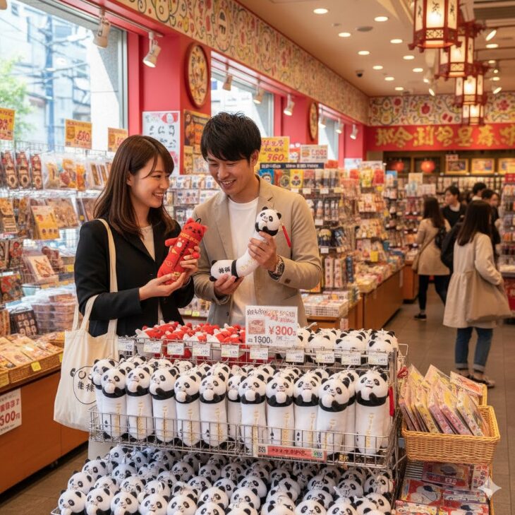 横浜中華街で撮影された、胴体が長いパンダのご当地マスコットキーホルダーを持つ手