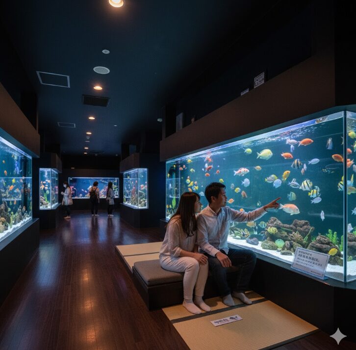 横浜中華街にある開運水族館フォーチュンアクアリウムで、畳に座りリラックスして色とりどりの魚が泳ぐ水槽を眺めるカップル。