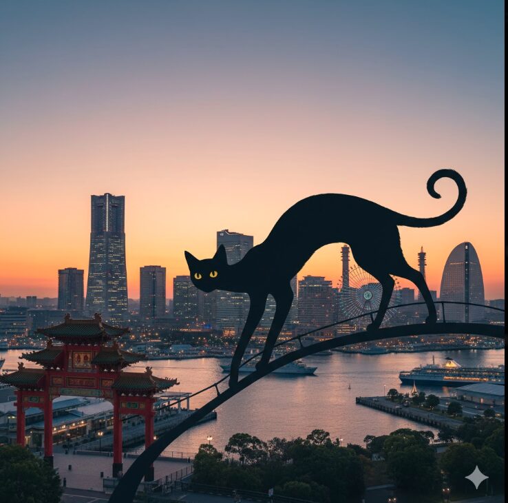 横浜中華街の門とみなとみらいの風景を背景にした、長く伸びる猫のシルエットイラスト