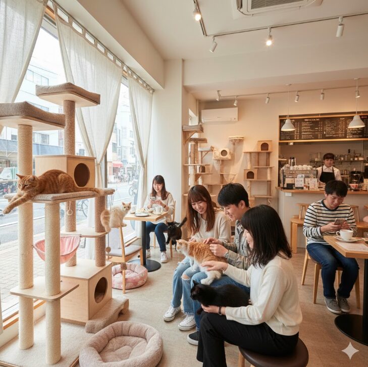 横浜中華街近くにある、明るく広々とした猫カフェで観光客が猫と触れ合う様子