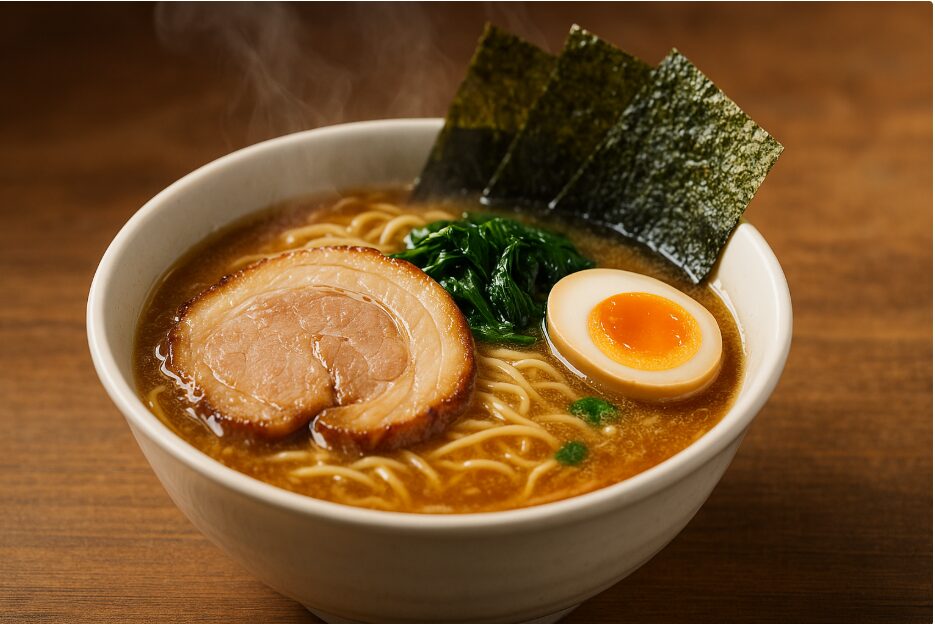 横浜家系を彷彿とさせる、濃厚なスープと大きなチャーシューが乗った本格ラーメン