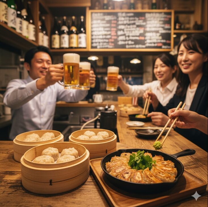 横浜崎陽軒シウマイBARの蒸したてシウマイや焼きシウマイ、ビールが並ぶ、仕事帰りのちょい飲みにぴったりのカウンター席の様子。