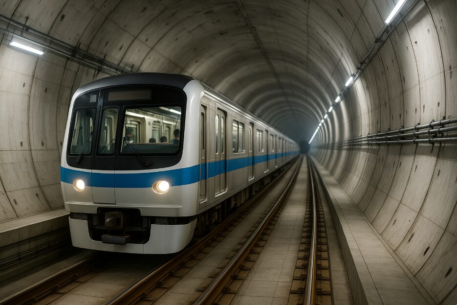 横浜市営地下鉄ブルーラインの車両が、あざみ野から新百合ヶ丘へ向かう新しい地下トンネルを走行している様子