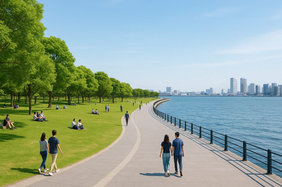 横浜市山下ふ頭再開発の未来イメージ。海沿いに広がる緑豊かな公園と遊歩道、水辺でくつろぐ人々の様子。