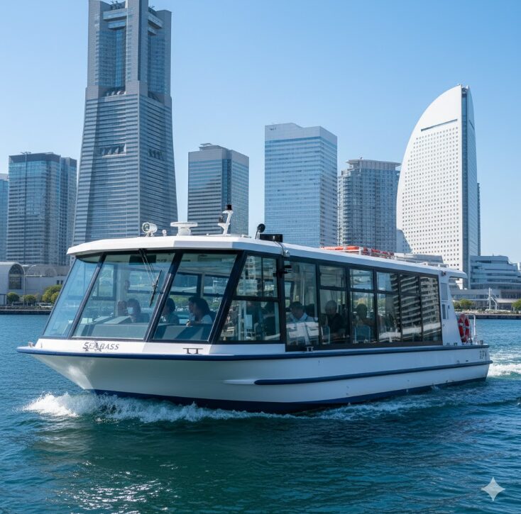 横浜港を航行する水上バス「シーバス」の外観。背景には近代的なビル群があり、手軽な移動手段であることを示す様子。