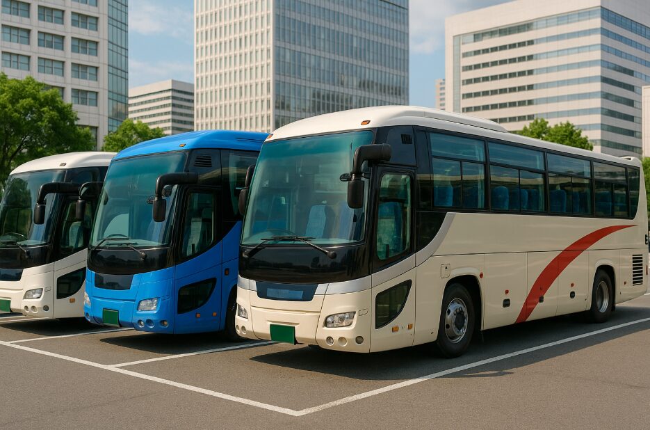 横浜発のツアーを運行する様々なバス会社の観光バスが並ぶ様子