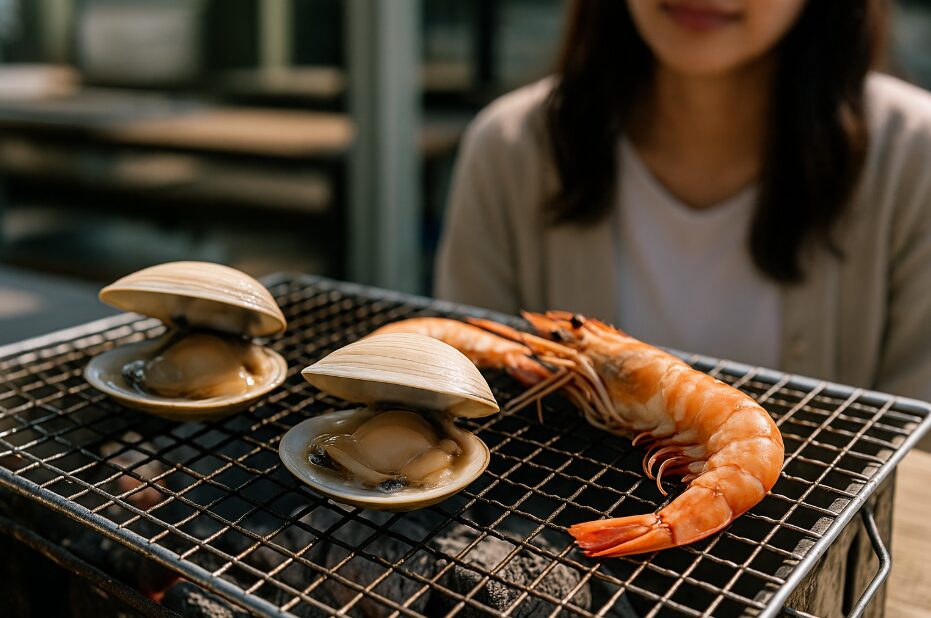 横浜発バスツアーの目玉、海鮮浜焼き食べ放題でハマグリやエビが網の上で焼かれている様子