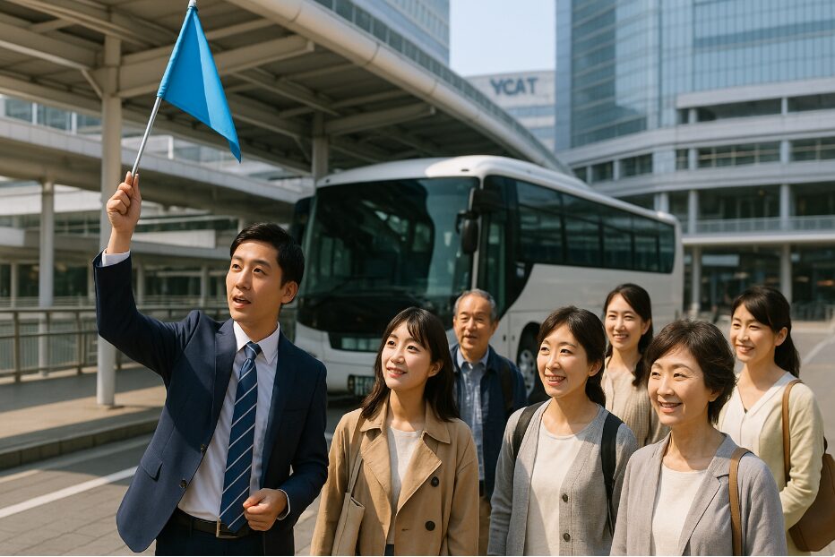 横浜駅のバスツアー集合場所「YCAT（スカイビル2階）」のペデストリアンデッキで、旗を持つ添乗員と集合する日本人観光客