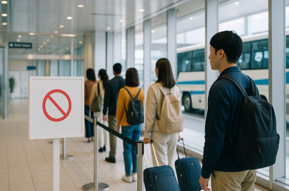 横浜駅ディズニーバス乗り場の予約不可（先着順）ルールを示す案内表示と待機列の様子。