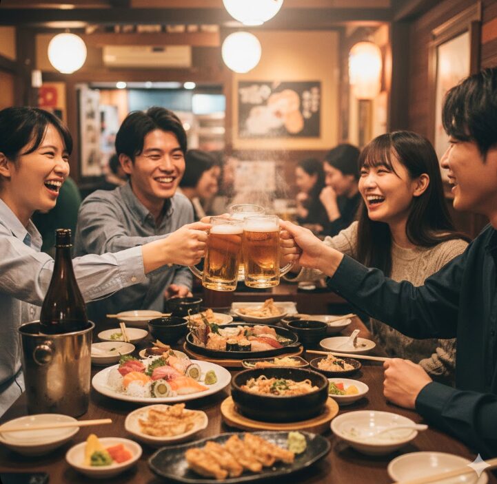 横浜駅周辺の飲食店で、友人たちと食事を楽しみながらビールで乾杯する様子。テーブルには美味しそうな料理が並んでいる。