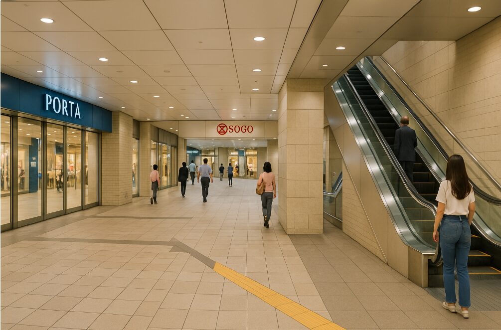 横浜駅地下街ポルタからそごう前広場を経てスカイビルへの上りエスカレーターへ右折するアクセスルート。