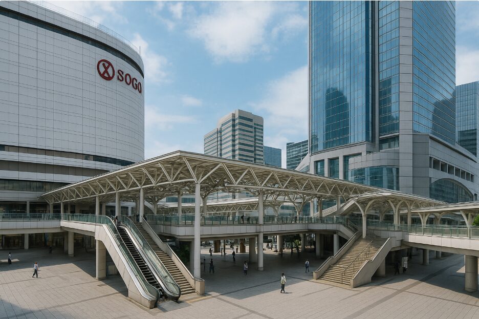 横浜駅東口の「そごう」と「スカイビル（YCAT）」を繋ぐ、複雑な構造のペデストリアンデッキとエスカレーターの風景