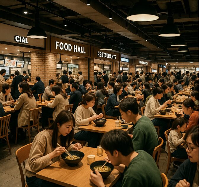 横浜駅直結のCIAL地下街にあるフードホールの活気ある様子。多くの人が食事を楽しんでいる。