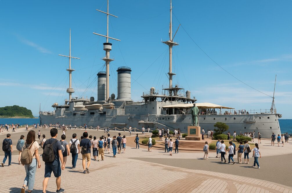 横須賀の三笠公園に保存されている世界三大記念艦「三笠」の全景。