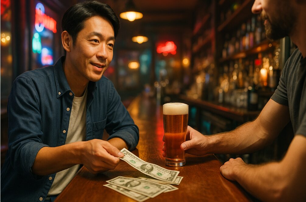 横須賀ドブ板通りのバーで米ドルを使い、キャッシュ・オン・デリバリーでビールを注文する様子