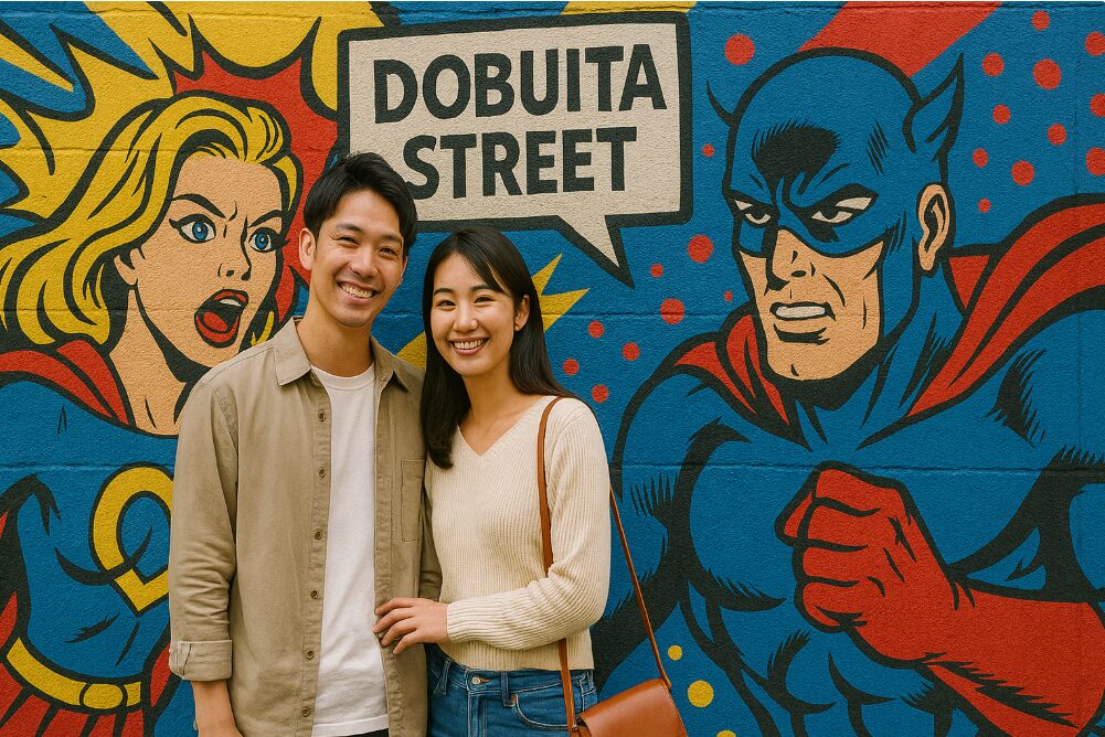 横須賀ドブ板通りの壁に描かれたアメコミ風のストリートアートと、その前で記念撮影をする日本人カップル。