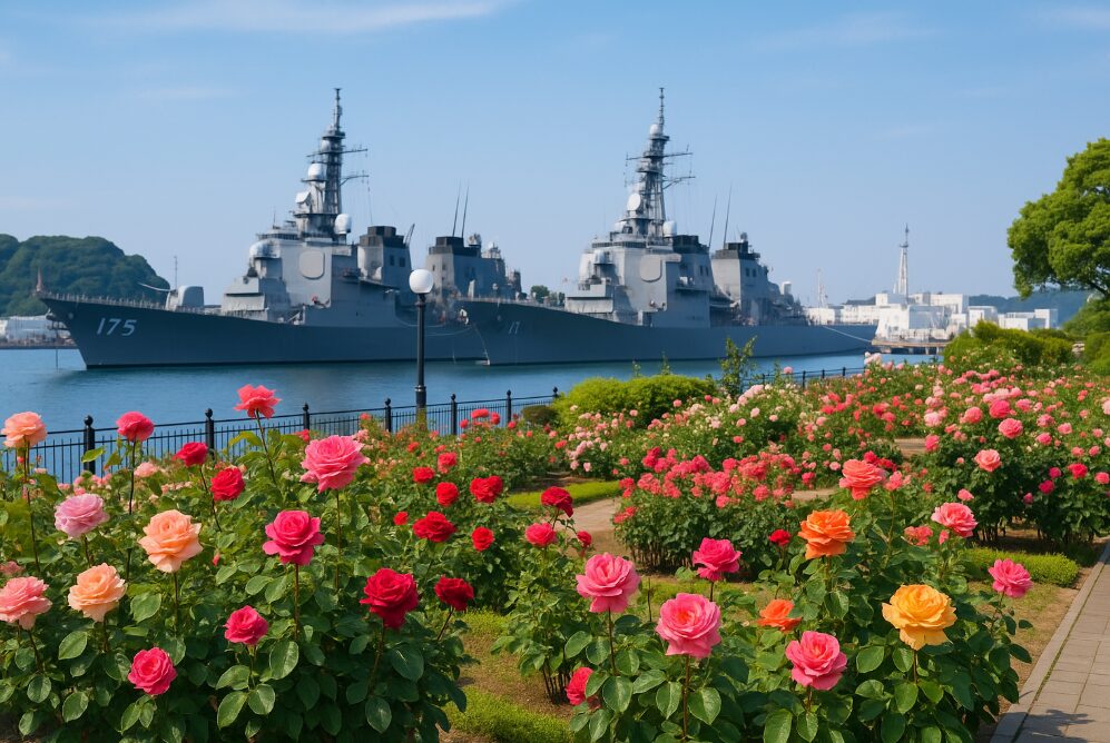 横須賀ヴェルニー公園の美しいバラ園と、対岸の米海軍基地に停泊している護衛艦や軍艦。