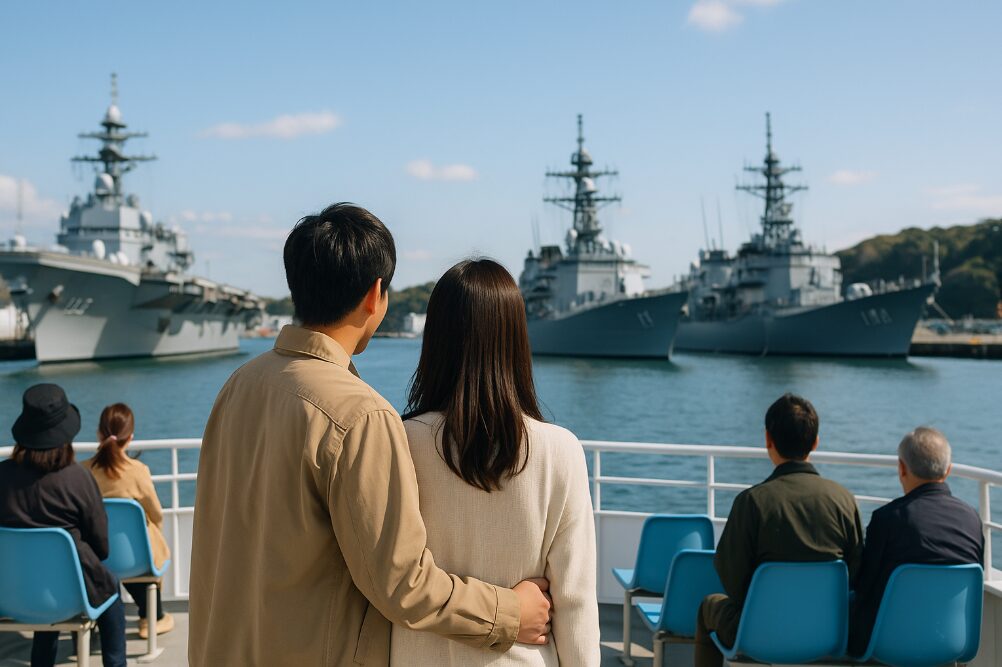 横須賀軍港めぐりのクルーズ船から、アメリカ海軍と海上自衛隊の艦船が停泊する港を眺める日本のカップル。