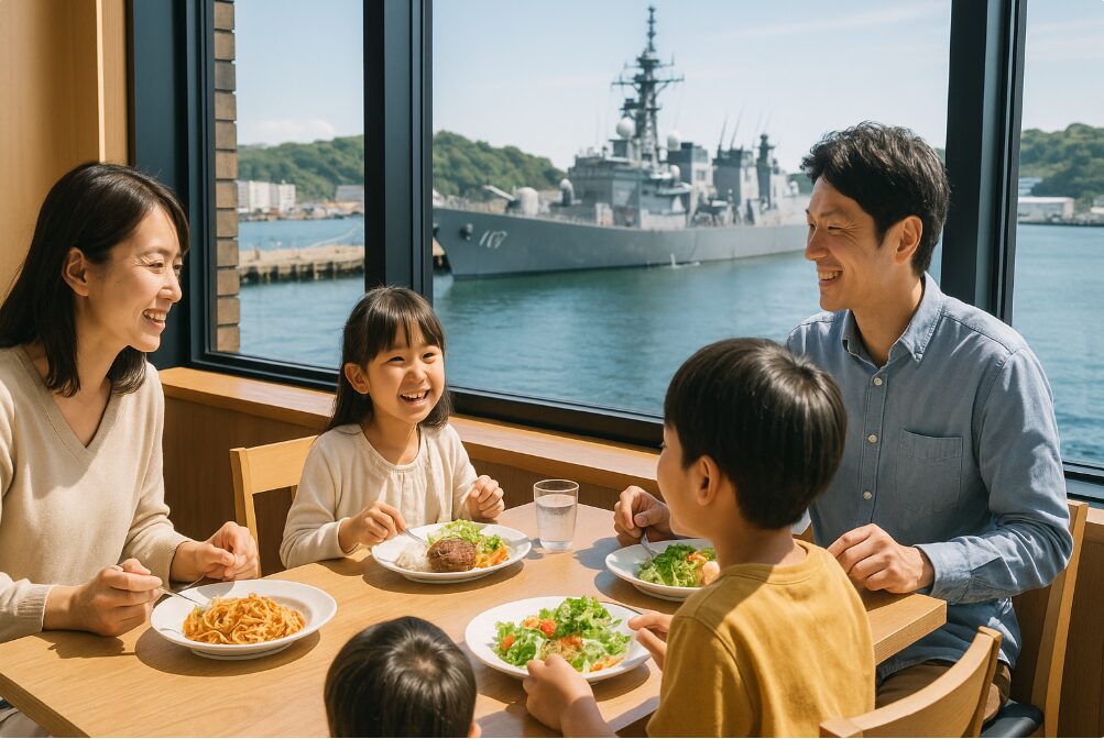 横須賀軍港めぐりを楽しんだ後、コースカベイサイドストアーズ内のレストランでランチを楽しむ日本の家族。窓からは港が見える。