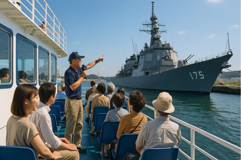 横須賀軍港めぐりクルーズ船の2階オープンデッキから、ガイドの解説を聞きながら艦船を間近に見る日本の観光客。
