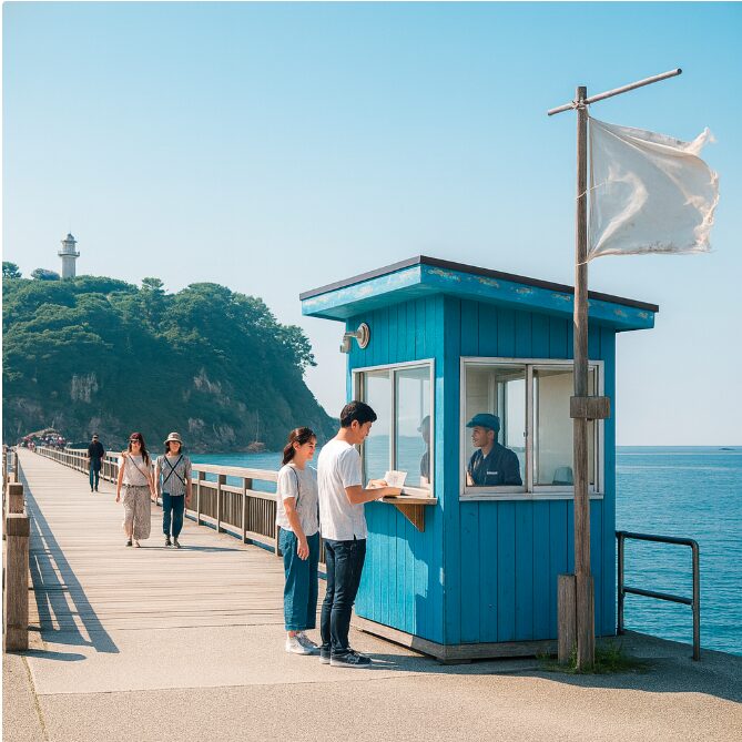 江の島弁天橋のたもとに設置された、遊覧船「べんてん丸のりば」を示す案内看板と、チケットを販売する簡素なプレハブの窓口。