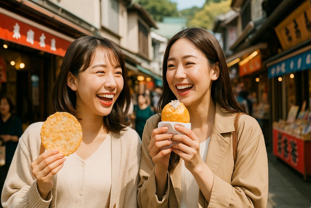 江ノ島の仲見世通りで、熱々のしらすパンとたこせんべいを食べ歩きながら笑顔を見せる20代から30代の日本人女性二人