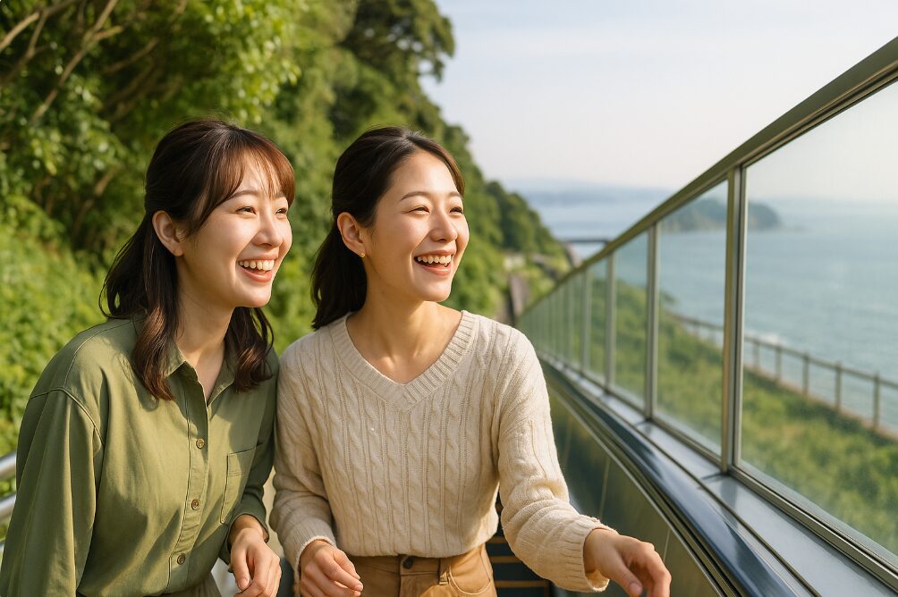 江ノ島エスカーに乗って、笑顔で上りながら景色を楽しむ20代から30代の日本人女性二人