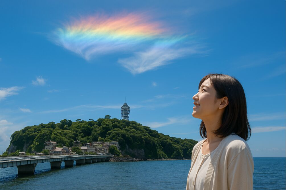 江ノ島上空に現れた虹色に輝く彩雲（
