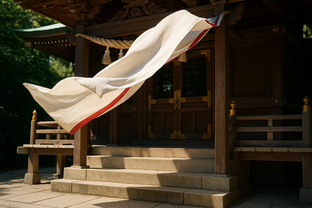 江ノ島神社の社殿前で、人払いにより静寂の中、神風で御幌がふわりと持ち上がる神秘的な歓迎サイン。