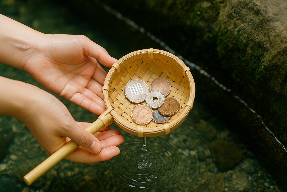 江ノ島神社・辺津宮近くの銭洗い池で、金運アップを願って小銭を清める参拝者の手。豊かさのご利益。
