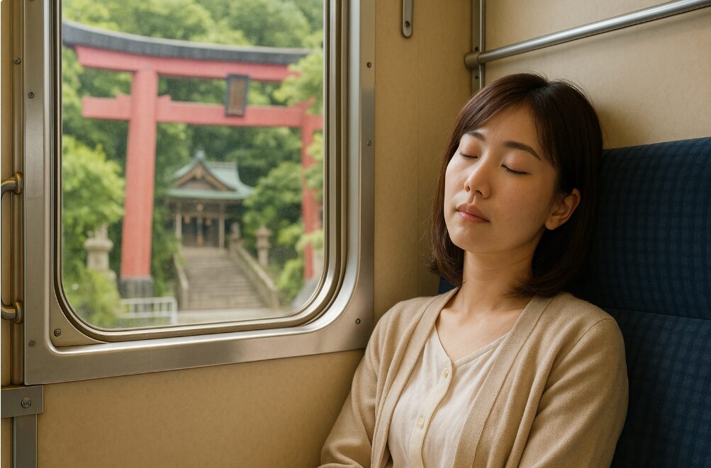 江ノ島神社参拝前に電車内で眠気に襲われ、体を休める日本人女性。好転反応による浄化と休息の様子。