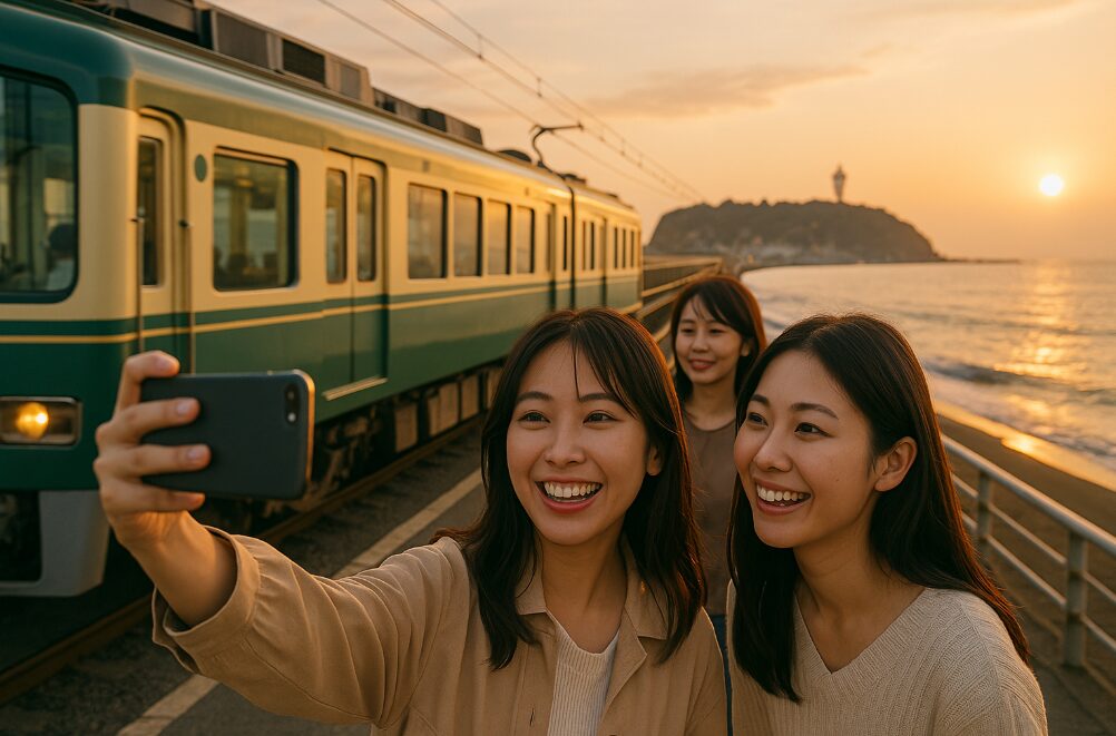 江ノ電が海沿いを走る横で、楽しそうにスマートフォンで自撮りをする20代から30代の日本人女性たち