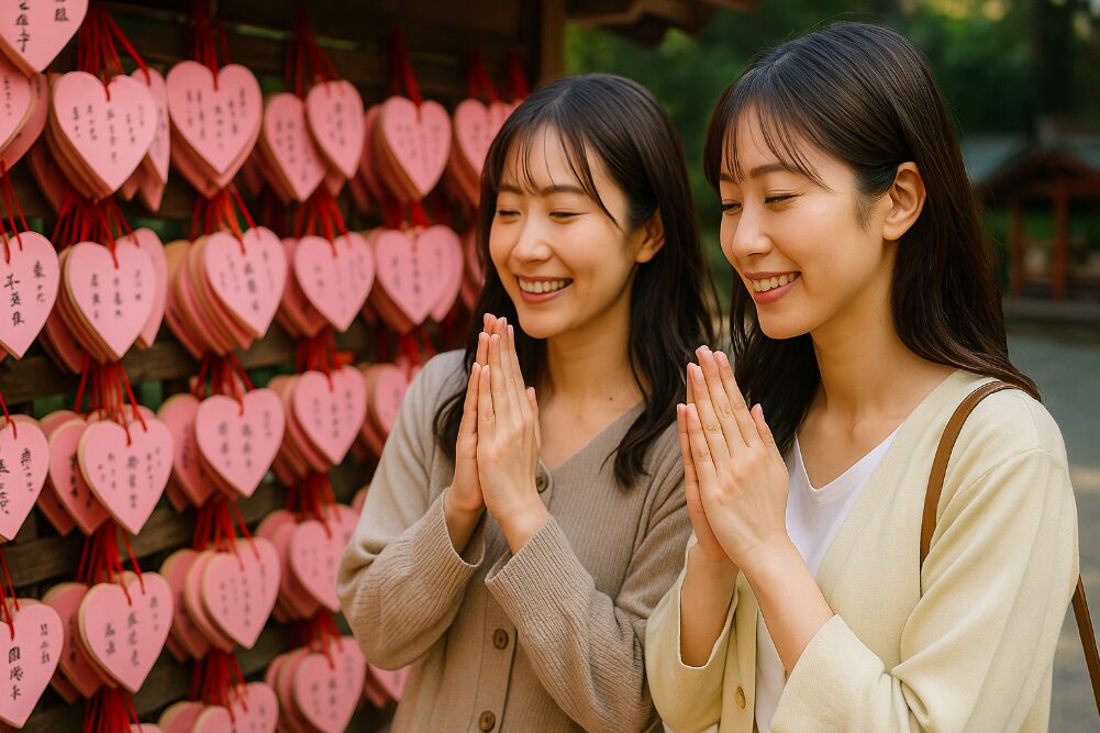 江島神社辺津宮のむすびの樹に奉納された、たくさんのピンク色の縁結び絵馬の前で手を合わせる20代から30代の日本人女性二人