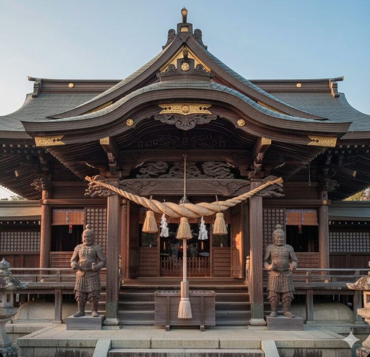 江戸時代後期（1810年）に再建された上大岡総鎮守鹿嶋神社の社殿の、細部に施された歴史を感じさせる木彫りの装飾と建築。