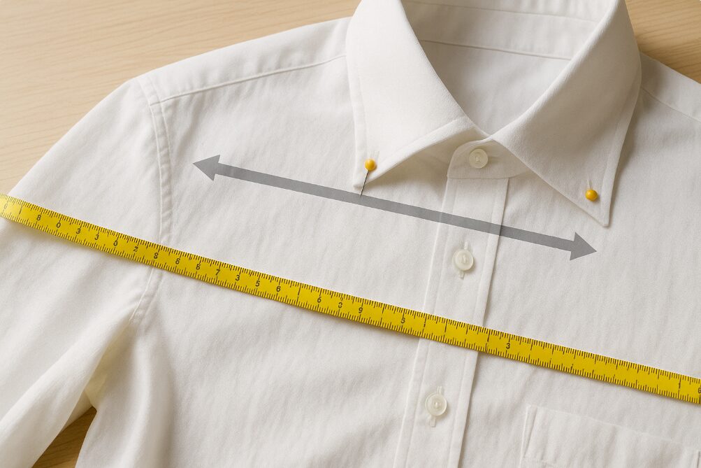 洗濯後の収縮を計算して設計されたシャツの、裄丈と首回りの「縮み代」を示す技術的な図。