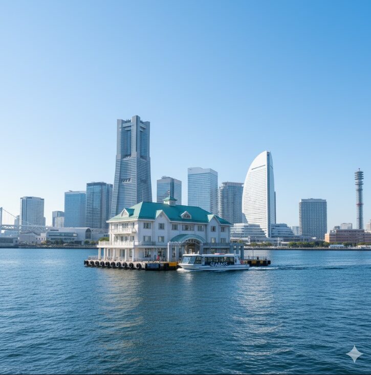 海に浮かぶ洋風の「ぷかりさん橋」と、その背後にそびえ立つヨットの帆の形をしたヨコハマ グランド インターコンチネンタル ホテルを海上から見上げた構図。