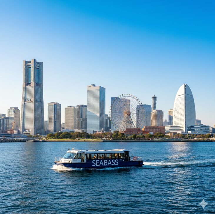 海側から見た横浜赤レンガ倉庫の全景。歴史的な煉瓦造りの建物と、手前に見えるシーバス乗り場の桟橋