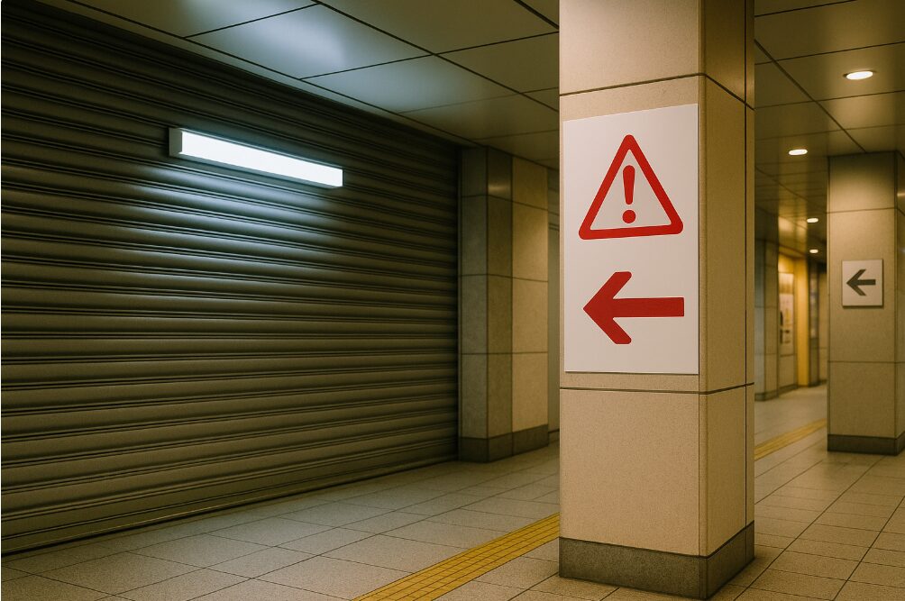 深夜・早朝帯に閉鎖された横浜駅地下街のシャッターと迂回ルートの注意喚起。