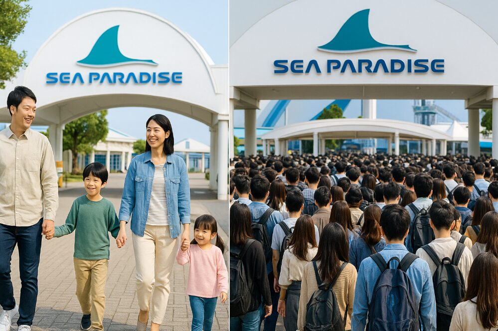 混雑を避けた八景島シーパラダイスの入口と、ピーク時の混雑した入口を比較する2枚の画像