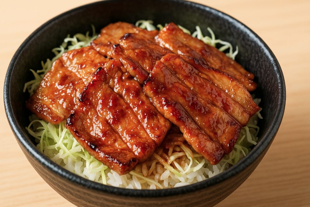 清川村のブランド豚「清川恵水ポーク」を使った看板メニュー「恵水ポーク丼」のクローズアップ写真。特製タレが絡んだ豚肉とご飯、キャベツのコントラストが美しい。