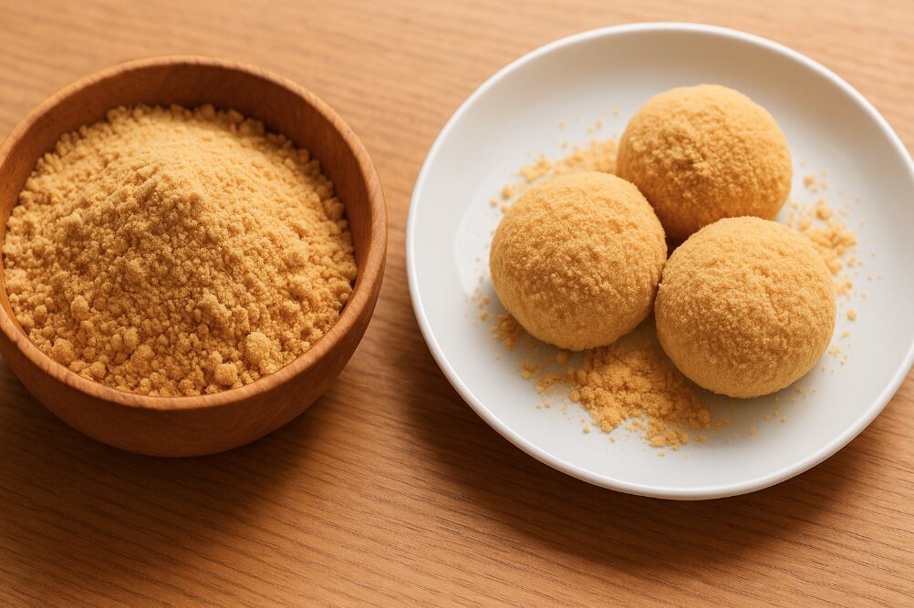 清川村の道の駅で人気の、香りの良い「きな粉」とその極上きな粉をまぶした和菓子。