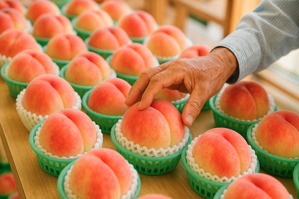 清川村の道の駅で販売されている、色鮮やかで大ぶりの幻の桃「クリーンピーチ」の陳列。農家と思われる日本人の手が桃に添えられ、新鮮さと希少性を伝える