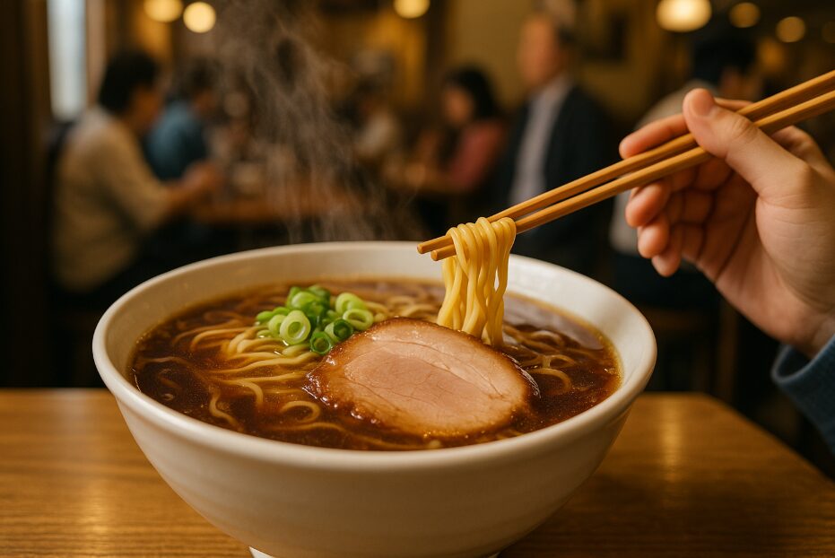 湯気が立ち上る濃厚なスープとチャーシューが食欲をそそる本格的な醤油ラーメン
