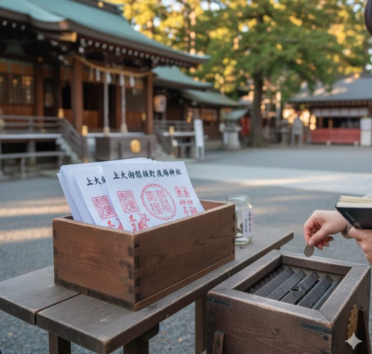 無人社の鹿嶋神社で用意されている、初穂料を賽銭箱に納めていただく形式の「書き置き御朱印」が収められた箱の様子。