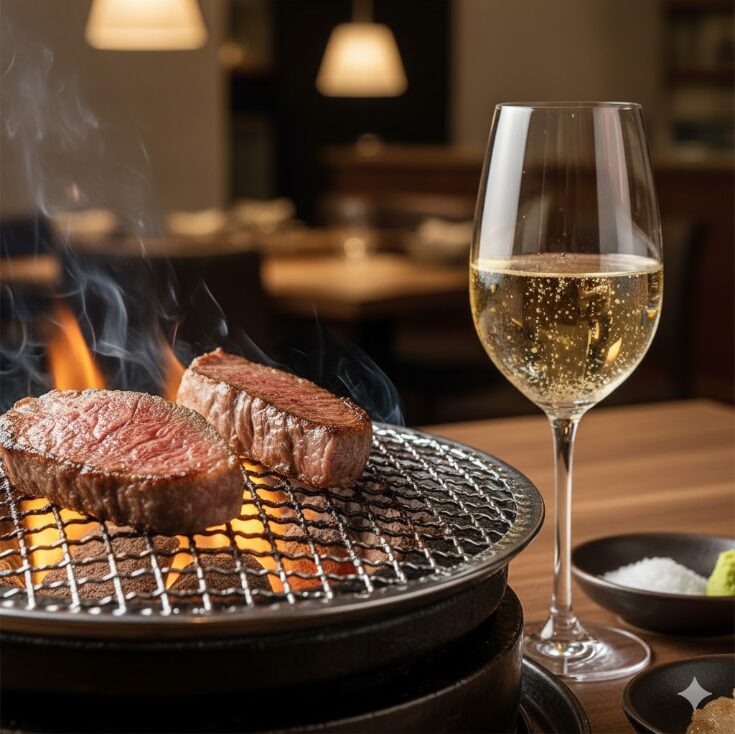 焼肉店のロースターで焼かれている美味しそうな熟成肉のクローズアップ