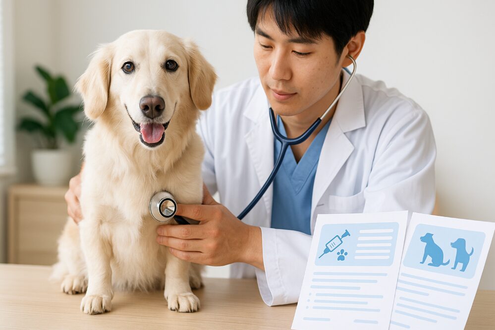 犬の健康診断とワクチン接種証明書（狂犬病・混合ワクチン）の重要性を示すイメージ