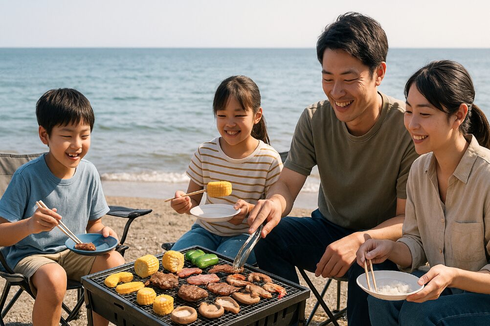 猿島の海辺でバーベキューを楽しむ家族連れ。