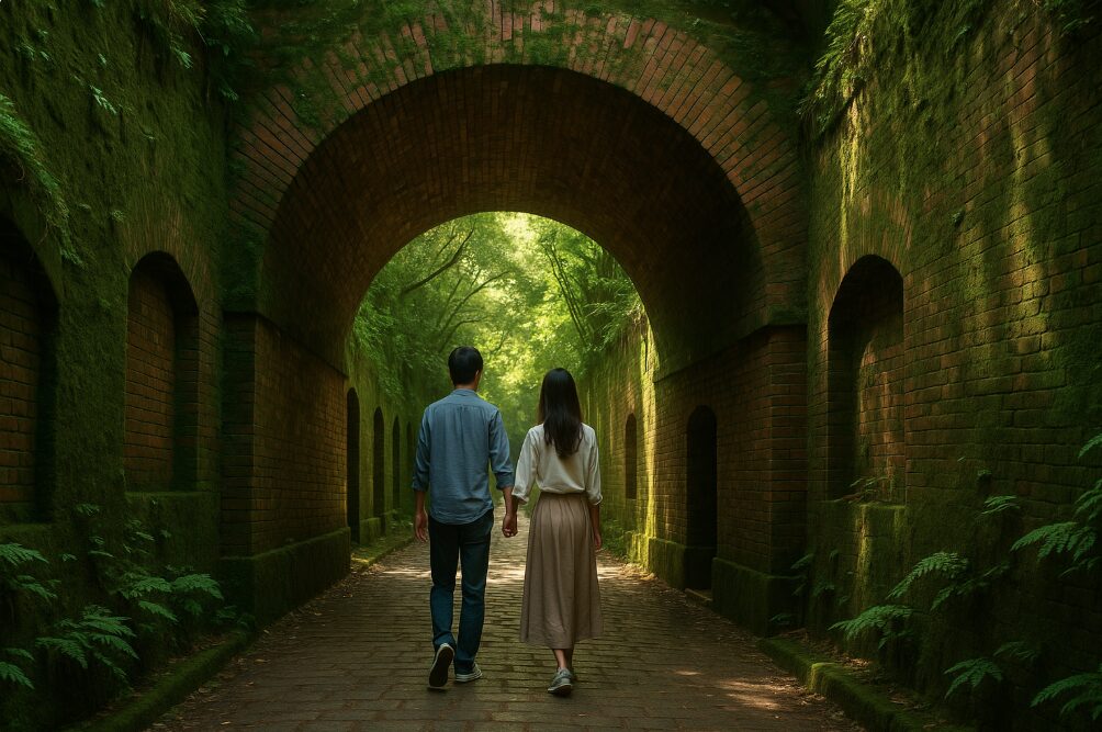 猿島の要塞跡にある苔むした赤レンガのトンネル。木漏れ日が差し込み、神秘的な雰囲気を醸し出している。トンネルの中央にはカップルが歩いている。