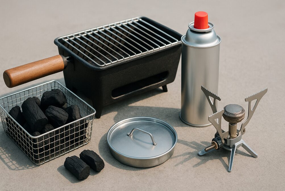 猿島への持ち込みが禁止されている、木炭、ガス缶、バーナーなどのBBQ機材と燃料。安全管理のための厳しい物品制限を示す。