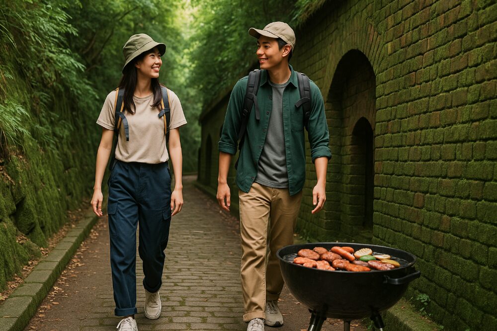 猿島を散策するのに適した動きやすい服装の男女。